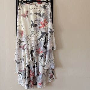 Designer Vintage Floral Tiered Ruffle Silk Skirt in Ivory with Coral Accents